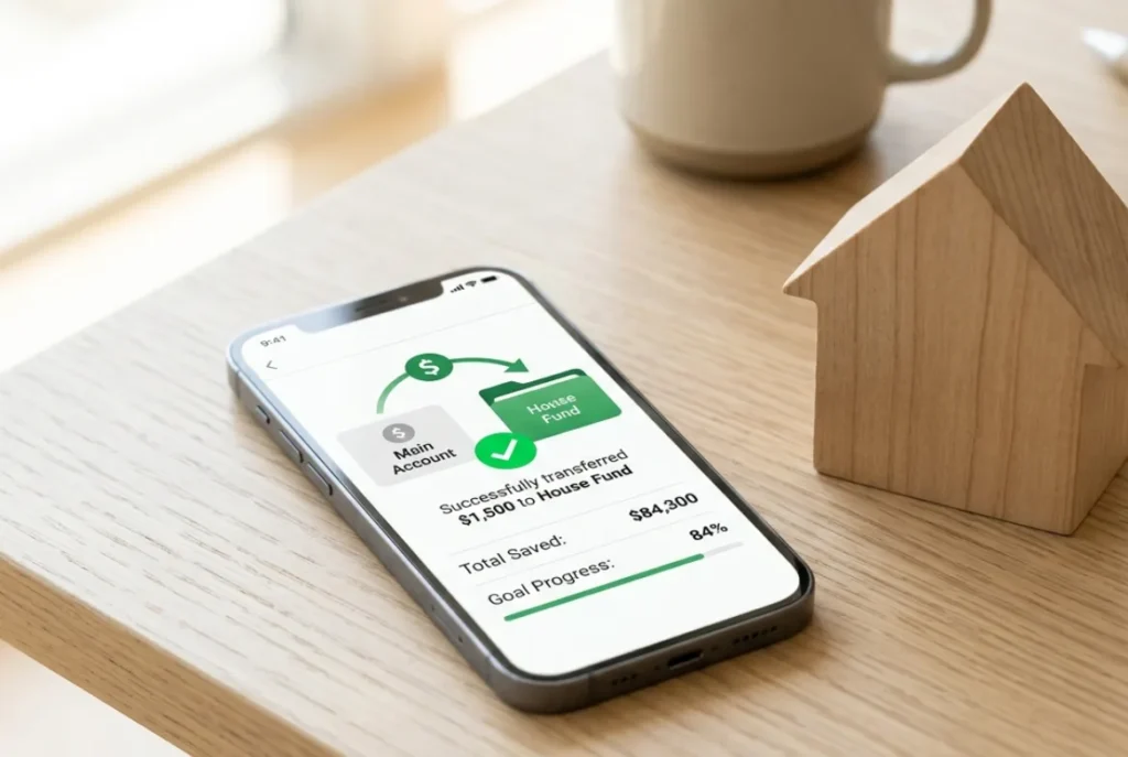A smartphone displaying a banking app next to a miniature house model on a clean desk.