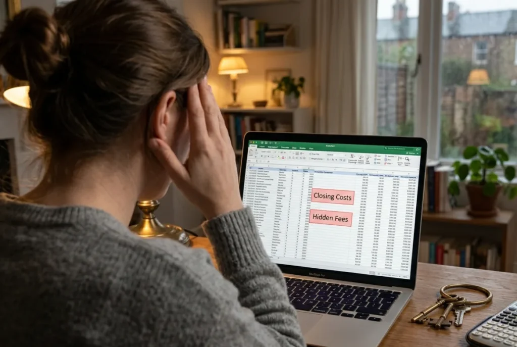 A stressed home buyer looking at unexpected real estate fees on a laptop with a house keys keychain.