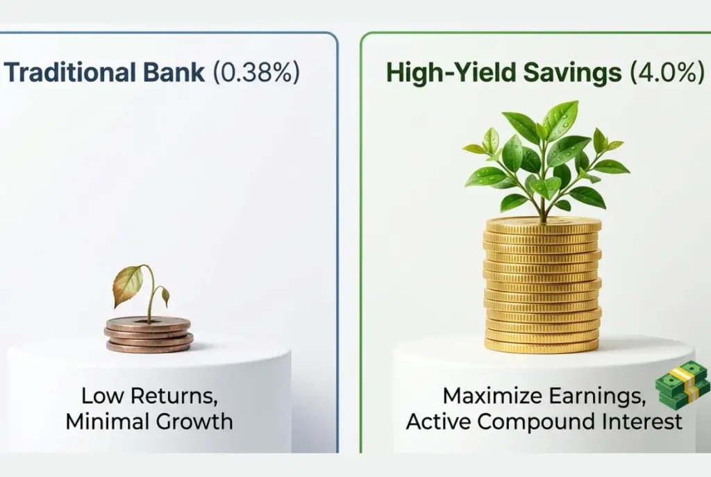 Infographic chart comparing interest earned on thirty thousand dollars in a traditional bank versus a high-yield savings account.